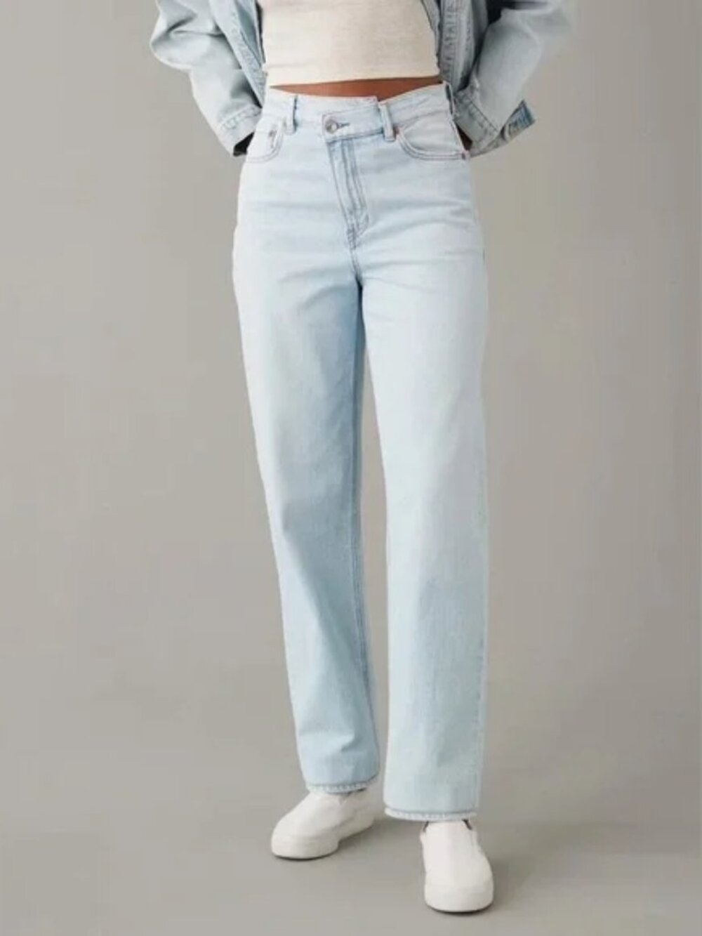 American Eagle Highest Rise Baggy Straight Jeans Size 14 Short Criss Cross Waist